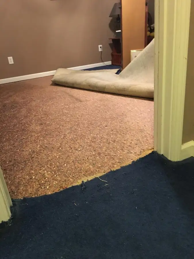 Carpet pad removal revealing water damage during Water Mitigation Services in New Square